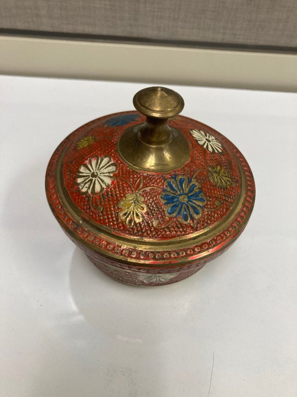 VTG Lidded Brass Enamel Etched